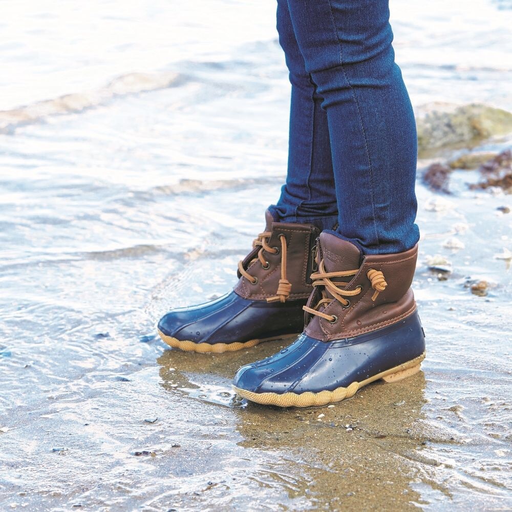 Navy blue and brown sperry duck boots